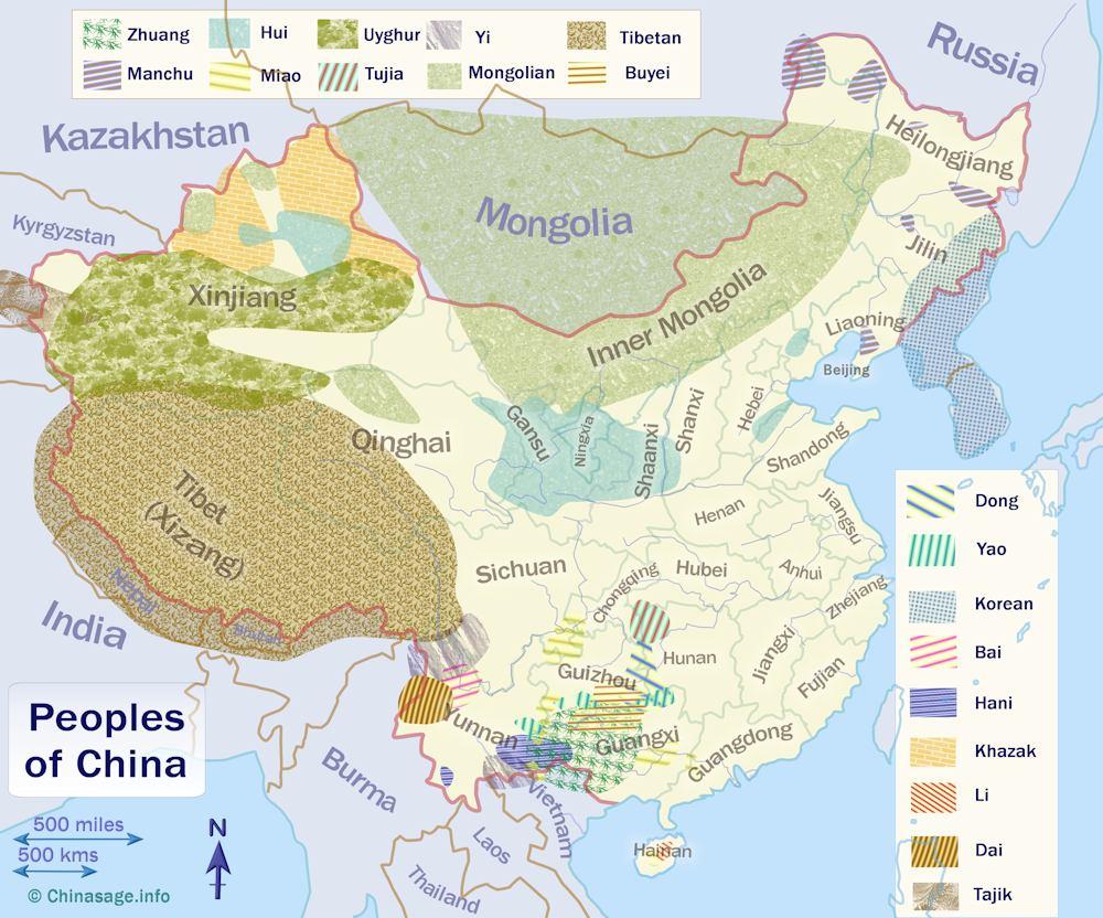 Map of distribution of the ethnoic peoples of China
